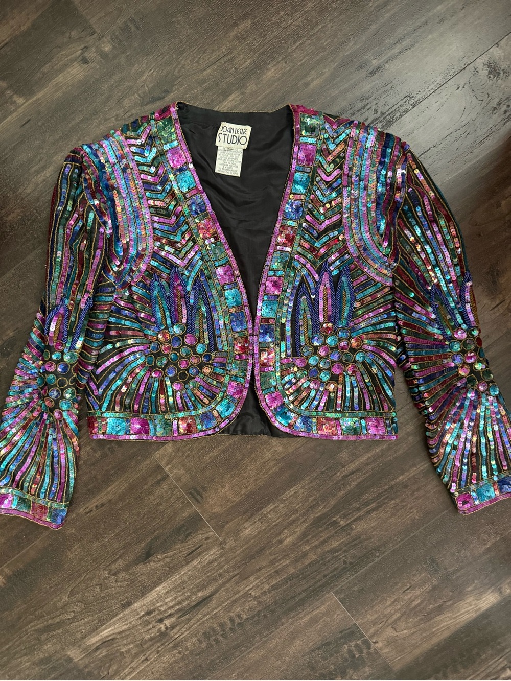 Vintage Joan Leslie Studio Silk Beaded Sequin Cropped Jacket Black Jewel Tone - Picture 4 of 13